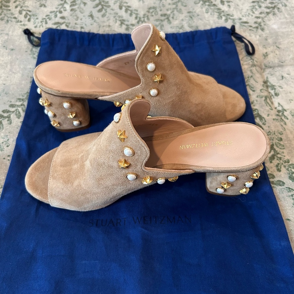 Stuart Weitzman Beige Embellished Mules